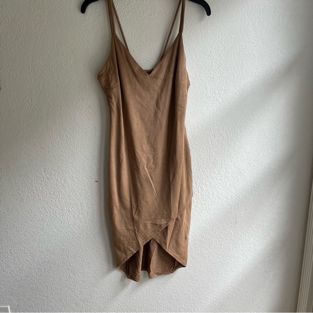 Suede Wrap Front Dress Spaghetti Straps Tan Taupe